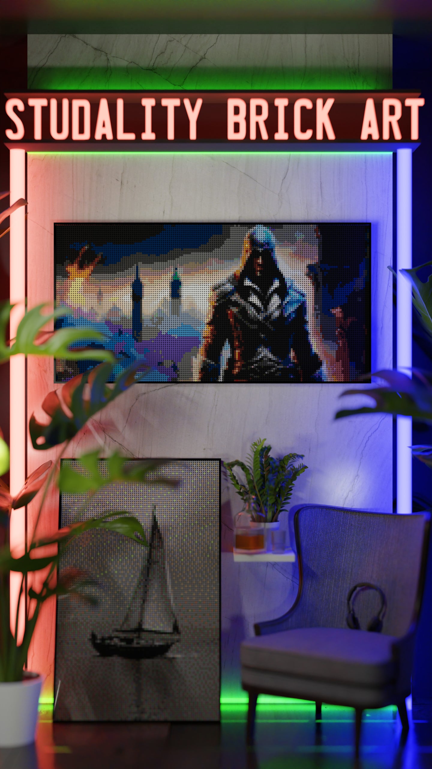 Assassins Creed LEGO® Style mosaic wall art made from colorful plastic bricks